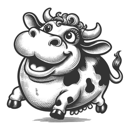 Cartoon Happy Cow engraving vector illustrationのイラスト素材