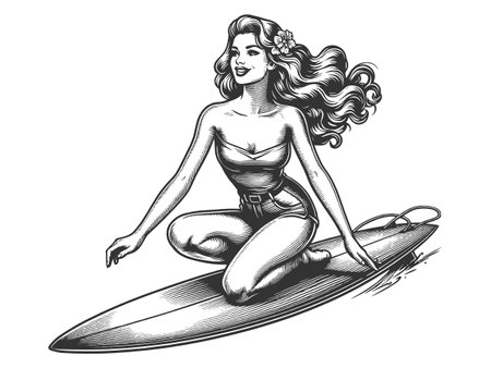 Pin-Up Girl Surfing engraving vector illustrationのイラスト素材