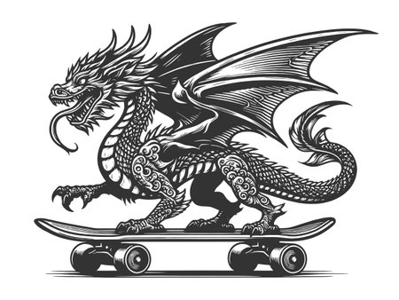 Dragon Riding Skateboard engraving sketch vectorのイラスト素材
