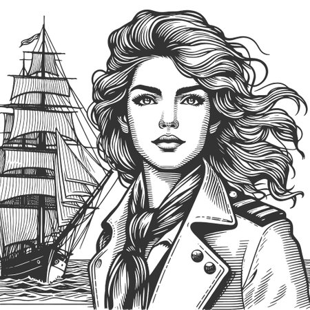 Nautical captain Woman with Sailing Ship vectorのイラスト素材