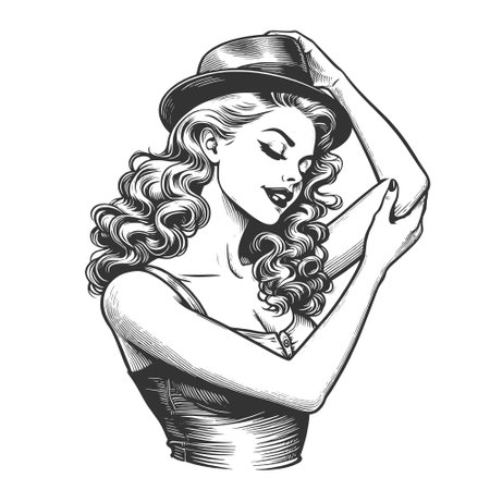 Woman in Hat with Stylish Pose engraving vectorのイラスト素材