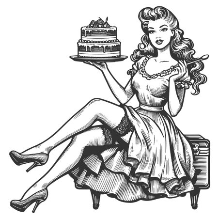Woman Presenting a Layered Cake engraving vectorのイラスト素材