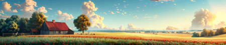 Sunny Countryside Field Cottage and Flowers vector