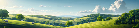 Rolling Green Hills with Grazing Sheep vector