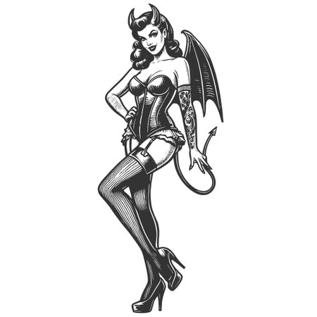 Fantasy Devil Woman engraving vector illustrationのイラスト素材