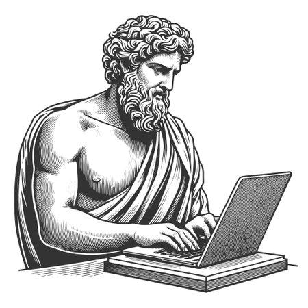 Classical Statue Typing on Laptop engraving vectorのイラスト素材