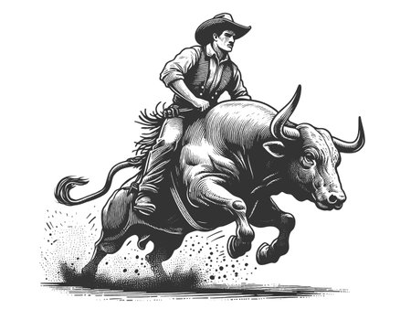 Rodeo Cowboy Riding a Bull engraving vectorのイラスト素材