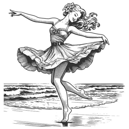 Dancing Woman on Beach engraving sketch vectorのイラスト素材