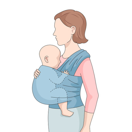 mother carrying her baby using a soft wrap sling carrier, providing hands-free support and bonding hand drawn schematic vector illustration. Medical science educational illustrationのイラスト素材