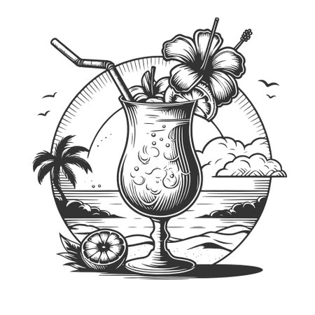 Tropical Cocktail Beach Scene engraving vectorのイラスト素材