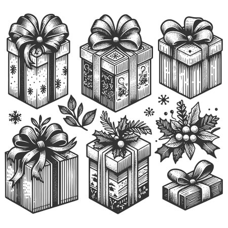 Set Christmas Gift Boxes engraving sketch vectorのイラスト素材