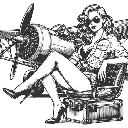 Pin-Up Girl with Airplane engraving sketch vectorのイラスト素材