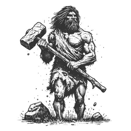 cave prehistoric man with stone hammer vectorのイラスト素材