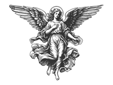Graceful Angel in Flight engraving vectorのイラスト素材