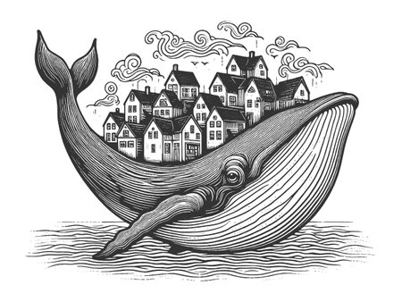 Whale Carrying City Skyline engraving vectorのイラスト素材