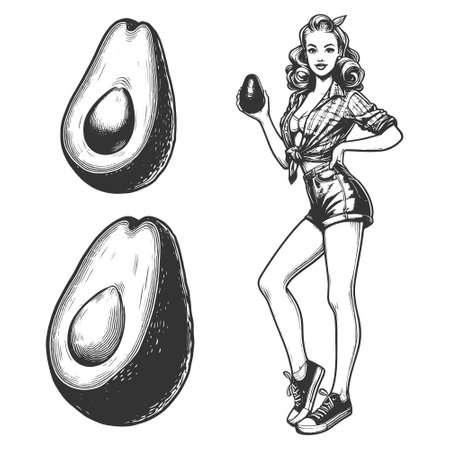 Pin-Up Girl Holding Avocados engraving vectorのイラスト素材
