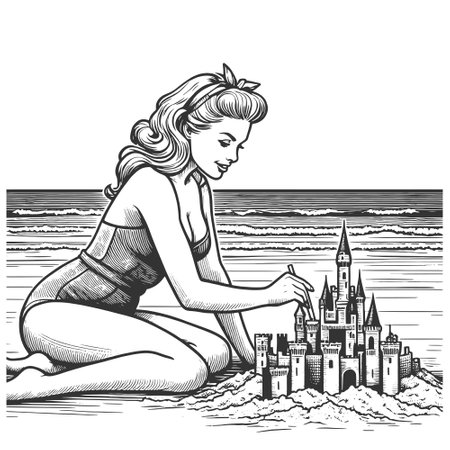 Woman Building Sandcastle on Beach sketch vectorのイラスト素材