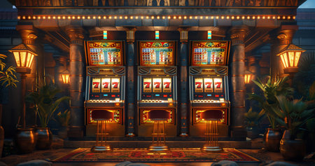 Vintage Slot Machines in Dimly Lit Casino rasterの写真素材