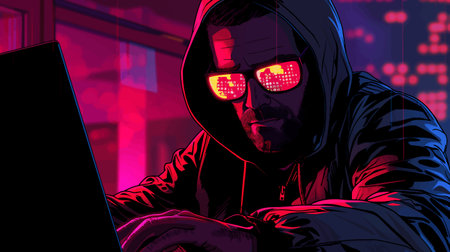 Hacker programmer working laptop illustration