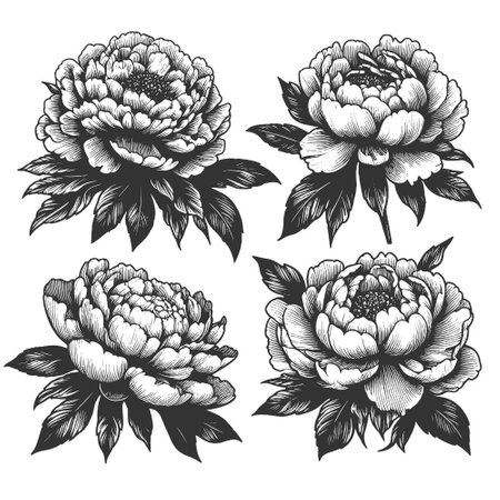 Set of peony flower engraving vector illustrationのイラスト素材