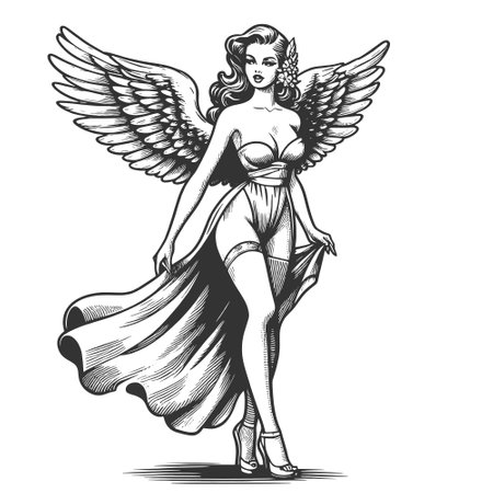 Pin-Up Angel woman engraving vector illustrationのイラスト素材