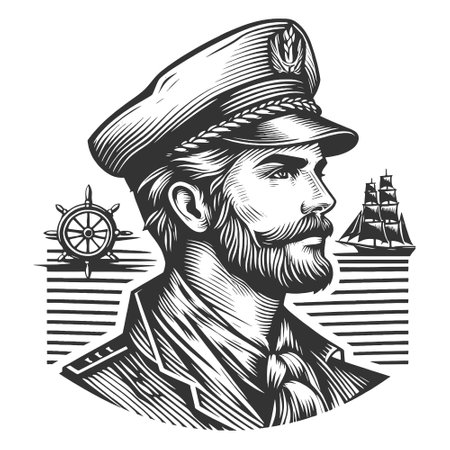 Sea Captain with Ship and Wheel engraving vectorのイラスト素材