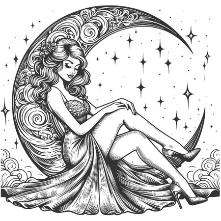 Pin-up girl with crescent moon vector illustrationのイラスト素材
