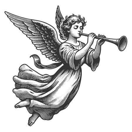 Angelic Trumpeter with Wings engraving vectorのイラスト素材