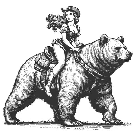 Retro Woman Riding Bear engraving vectorのイラスト素材