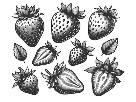 strawberry set engraving vector illustrationのイラスト素材