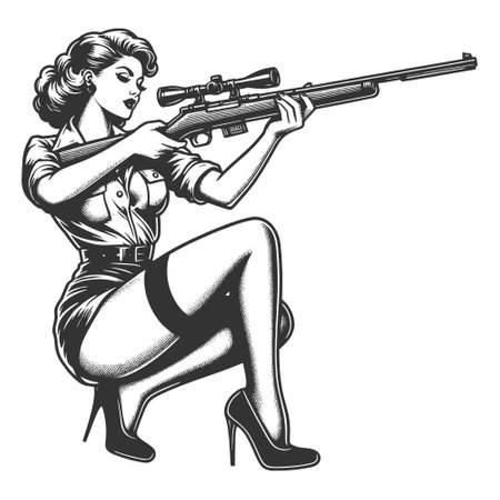 Pin-Up Girl with Rifle engraving vectorのイラスト素材