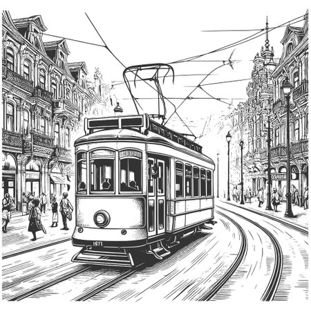 Vintage Tram in Historic City Street vectorのイラスト素材
