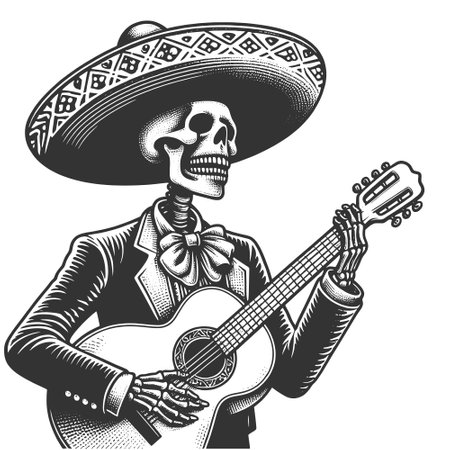 skeleton Mexican mariachi, playing guitar, symbolizing Day of the Dead or Dia de los Muertos traditions sketch engraving generative ai vector illustration. Scratch board imitation. Black and whiteの素材