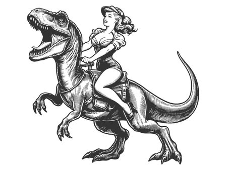 Woman Riding a Tyrannosaurus Rex engraving vectorのイラスト素材