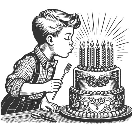 Boy Blowing Candles on Birthday Cake sketch vector