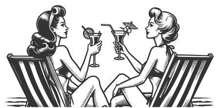 Women Relaxing Beach Chairs with Cocktails vectorのイラスト素材