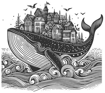 Whale Carrying City Skyline engraving vectorのイラスト素材