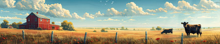 Cows Grazing in Green Pasture with Red Barn vector