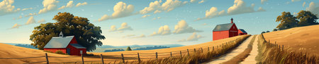 Red Barn on Country Road in Golden Fields vector