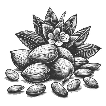 Almonds with Leaves and Blossom engraving vectorのイラスト素材