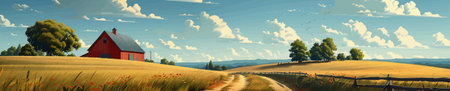 Red Barn on Country Road in Golden Fields vectorのイラスト素材