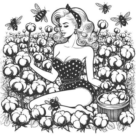 Retro Pin-Up Girl in Cotton Field engraving vectorのイラスト素材