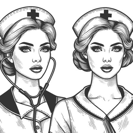 two nurses uniform engraving vector illustrationのイラスト素材