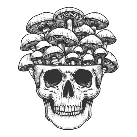 Skull Mushrooms Growing Inside engraving vectorのイラスト素材