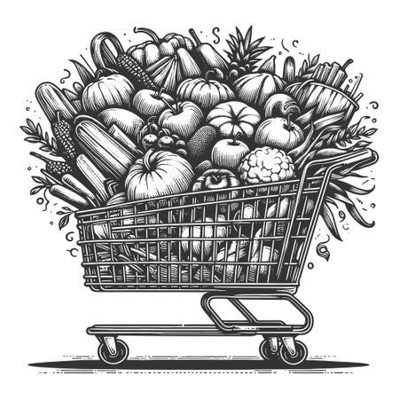 Shopping cart filled with fresh produce vectorのイラスト素材