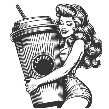pin-up woman hugging giant coffee cup vectorのイラスト素材