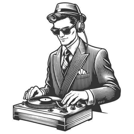 Vintage DJ in suit with turntable vectorのイラスト素材