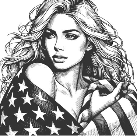 Elegant woman wrapped in American flag vectorのイラスト素材