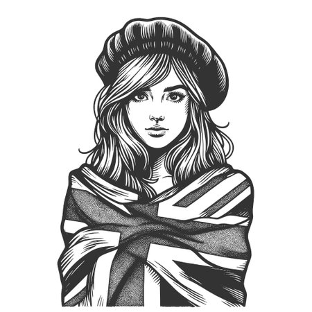 woman wrapped in Union Jack flag engraving vectorのイラスト素材