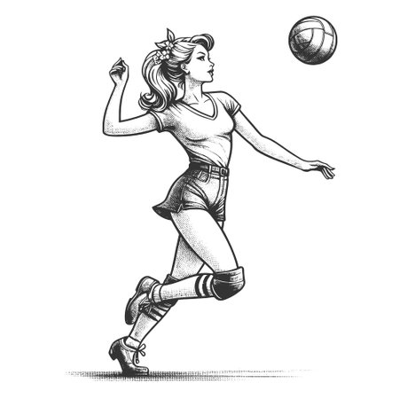 Pin-Up Girl playing beach Volleyball engravingのイラスト素材